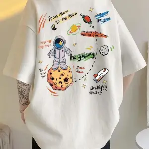 Unisex Beyaz The Galaxy Gezegen Baskılı Oversize Bisiklet Yaka Tshirt