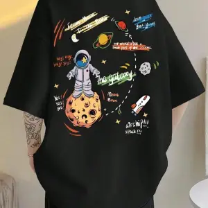 Unisex Beyaz The Galaxy Gezegen Baskılı Oversize Bisiklet Yaka Tshirt
