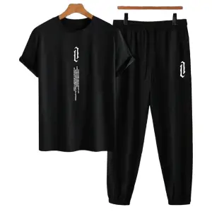 Unisex Bisiklet Yaka Slogan Baskılı Siyah Tişört Ve Siyah Eşofman Altı 2li Set A