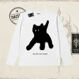 Unisex Black Cat Pixel Biskilet Yaka  Long Sleeve Beyaz
