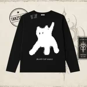 Unisex Black Cat Pixel Biskilet Yaka  Long Sleeve Beyaz