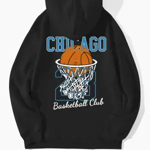 Unisex Chicago76 Baskılı Oversize Kapüşonlu Sweatshirt Siyah