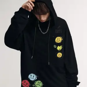 Unisex Emoji Özel Baskılı Kapüşonlu Oversize Sweatshirt Siyah