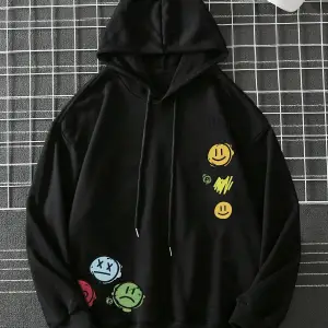 Unisex Emoji Özel Baskılı Kapüşonlu Oversize Sweatshirt Siyah