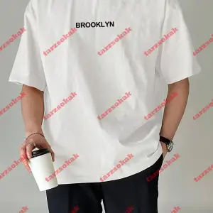 Unisex Erkek/Kadın BROOKLYN Renkli Özel Baskılı Oversize Pamuklu Bisiklet Yaka T-Shirt Tişört Beyaz