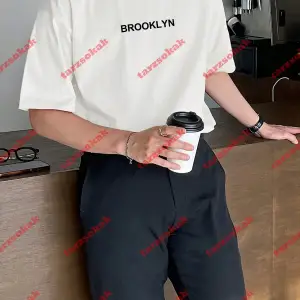 Unisex Erkek/Kadın BROOKLYN Renkli Özel Baskılı Oversize Pamuklu Bisiklet Yaka T-Shirt Tişört Beyaz