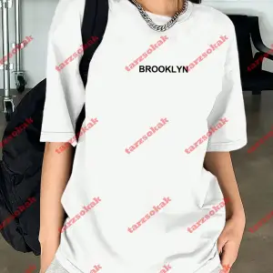 Unisex Erkek/Kadın BROOKLYN Renkli Özel Baskılı Oversize Pamuklu Bisiklet Yaka T-Shirt Tişört Beyaz