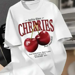 Unisex Erkek/Kadın CHERRIES Özel Baskılı Oversize Pamuklu Bisiklet Yaka