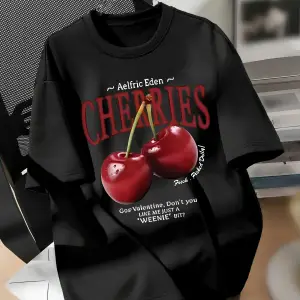 Unisex Erkek/Kadın CHERRIES Özel Baskılı Oversize Pamuklu Bisiklet Yaka