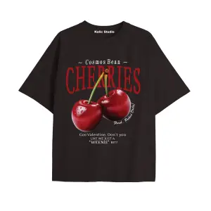 Unisex Erkek Kadın CHERRIES Özel Baskılı Oversize Pamuklu Bisiklet Yaka T-Shirt