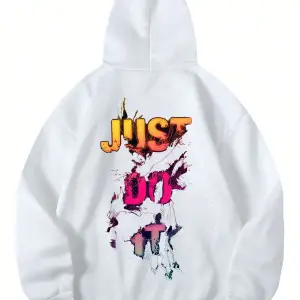 Unisex Erkek/Kadın JUSTDOIT Renkli Özel Baskılı Oversize Kapüşonlu Sweatshirt Beyaz