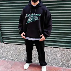 Unisex Erkek/Kadın MİCHİGAN Renkli Özel Baskılı Oversize Kapüşonlu Sweatshirt Siyah