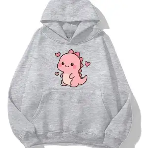 Unisex Erkek/Kadın Pembe DİNO Renkli Özel Baskılı pamuklu Oversize Kapüşonlu Sweatshirt gri