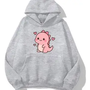 Unisex Erkek/Kadın Pembe DİNO Renkli Özel Baskılı pamuklu Oversize Kapüşonlu Sweatshirt gri