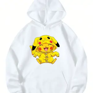 Unisex Erkek/Kadın Pikachu Renkli Özel Baskılı Oversize Kapüşonlu Sweatshirt Beyaz