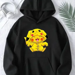 Unisex Erkek/Kadın Pikachu Renkli Özel Baskılı Oversize Kapüşonlu Sweatshirt Beyaz