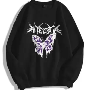 Unisex Eternal Butterfly Bisiklet Yaka Sweatshirt Siyah