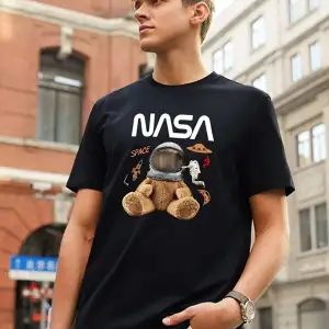 Unisex Gri Ayıcık Nasa Baskılı Tshirt