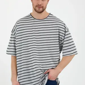 Unisex Gri Beyaz Çizgili Oversize Tshirt