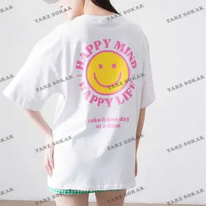 Unisex Happy Life Beyaz Tshirt