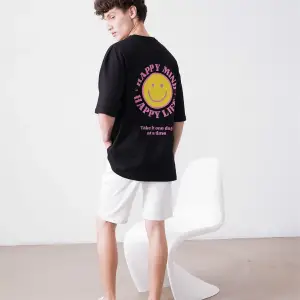 Unisex Happy Life Siyah Tshirt