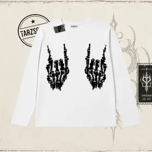 Unisex İskelet El Biskilet Yaka  Long Sleeve Beyaz