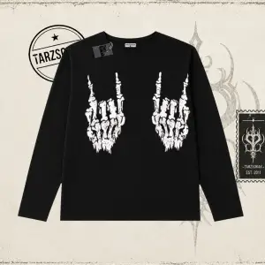 Unisex İskelet El Biskilet Yaka  Long Sleeve Beyaz
