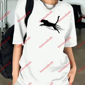 Unisex jaguar Baskılı Tshirt Beyaz