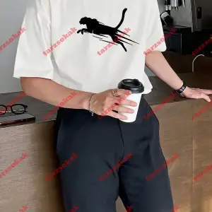 Unisex jaguar Baskılı Tshirt Beyaz