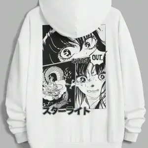 Unisex Kadın/Erkek Beyaz Anime Out Baskılı Oversize Kapüşonlu Sweatshirt