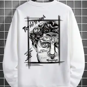 Unisex Kadın/Erkek Beyaz Sanat Oversize Bisiklet Yaka Pamuklu Sweatshirt