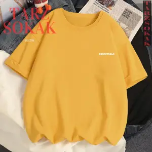 Unisex Kadın/Erkek ESSENTİALS Yazı Özel Renkli Oversize Bisiklet Yaka Pamuklu T-Shirt