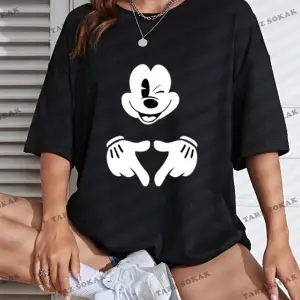 Unisex Kadın/Erkek Mickey Mouse Renkli Özel Baskılı Oversize Pamuk Penye