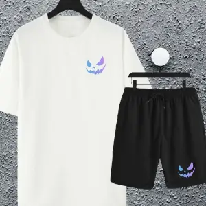 Unisex Kadın Erkek Renkli Gülen Yüz Baskılı Oversize Tshirt ve Şort Eşofman Takımı