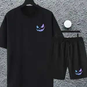 Unisex Kadın Erkek Renkli Gülen Yüz Baskılı Oversize Tshirt ve Şort Eşofman Takımı