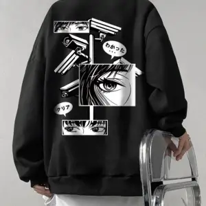 Unisex Kadın/Erkek Siyah Anime Oversize Bisiklet Yaka Pamuklu Sweatshirt