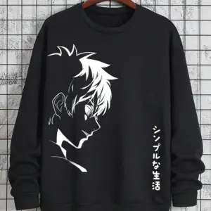 Unisex Kadın/Erkek Siyah Anime Yaşam Oversize Bisiklet Yaka Pamuklu Sweatshirt