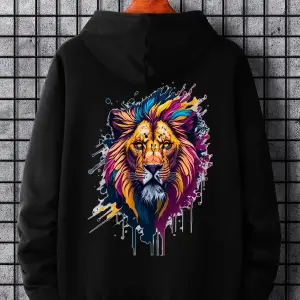 Unisex Kadın/Erkek Siyah Aslan Sırt Baskılı Oversize Kapüşonlu Sweatshirt