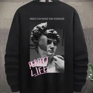 Unisex Kadın/Erkek Siyah Perfect Life Oversize Bisiklet Yaka Pamuklu Sweatshirt