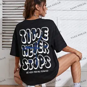 Unisex Kadın/Erkek Time Never Stops Renkli Özel Baskılı Oversize Pamuk Penye