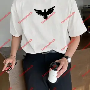 Unisex Kartal Baskılı Tshirt Beyaz
