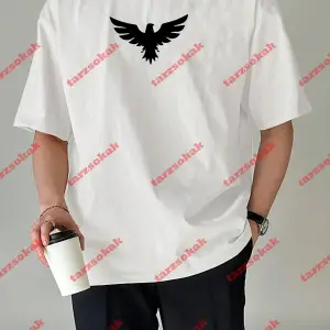 Unisex Kartal Baskılı Tshirt Beyaz