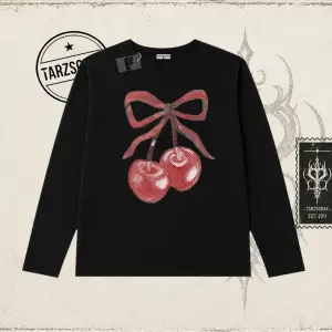 Unisex Kiraz Kurdele Tram Biskilet Yaka  Long Sleeve Beyaz
