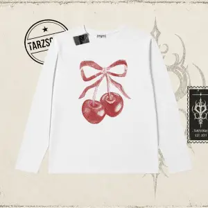 Unisex Kiraz Kurdele Tram Biskilet Yaka  Long Sleeve Beyaz