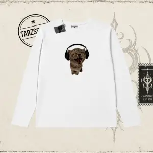 Unisex Kulaklıklı Kedi Biskilet Yaka  Long Sleeve Beyaz