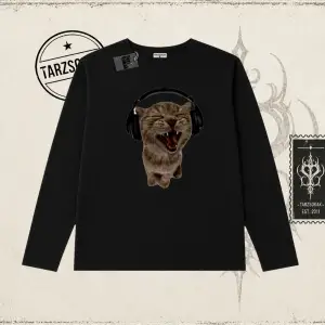 Unisex Kulaklıklı Kedi Biskilet Yaka  Long Sleeve Beyaz