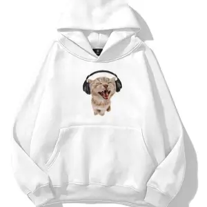 Unisex Kulaklıklı Kedi Sweatshirt Beyaz