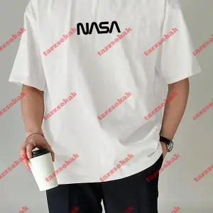 Unisex Nasa Baskılı Tshirt Beyaz
