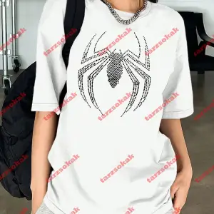 Unisex Örümcek Baskılı Tshirt Beyaz