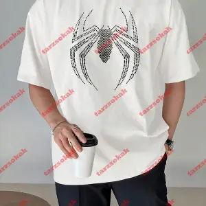 Unisex Örümcek Baskılı Tshirt Beyaz